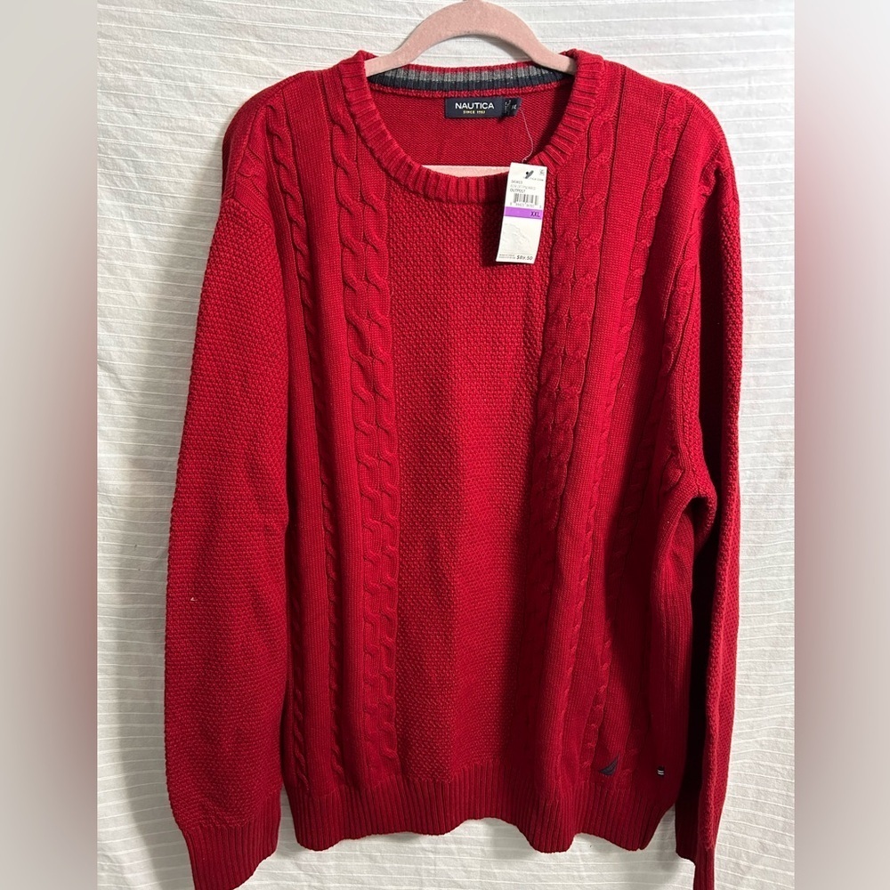 NWT’s Nautica Sweater Mens Large Red Cable Knit Pullover Crew Neck Size XXL